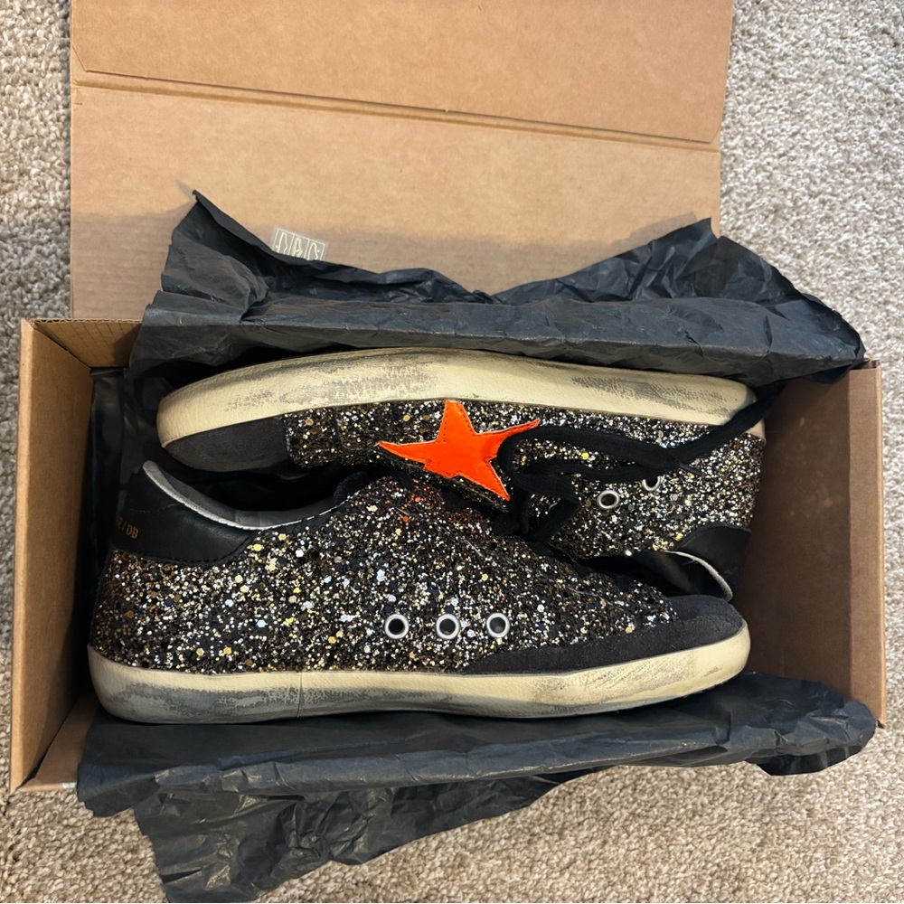 Golden Goose Superstar Black and Gold Glitter Sneakers